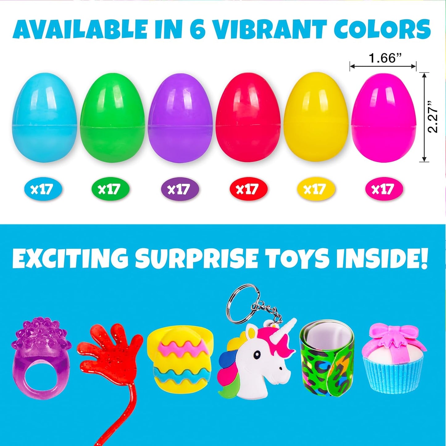 Giraffe 100 Pack Prefilled Easter Eggs Bulk - Multi Color Plastic Filled Easter Eggs for Kids with Toy Filled Slap Bracelets, LED Rings, Stickers - Easter Basket Stuffers for Kids