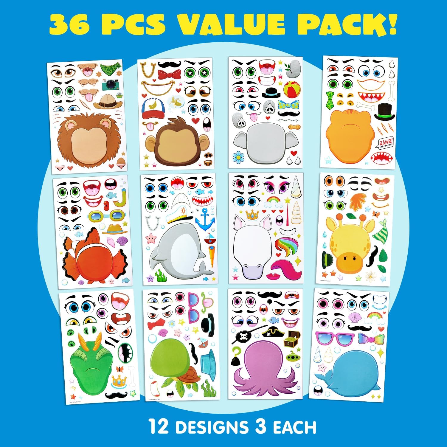 JOYIN 36 Sheets 9"x6" Make a face Stickers for Kids, Make Your Own Ani
