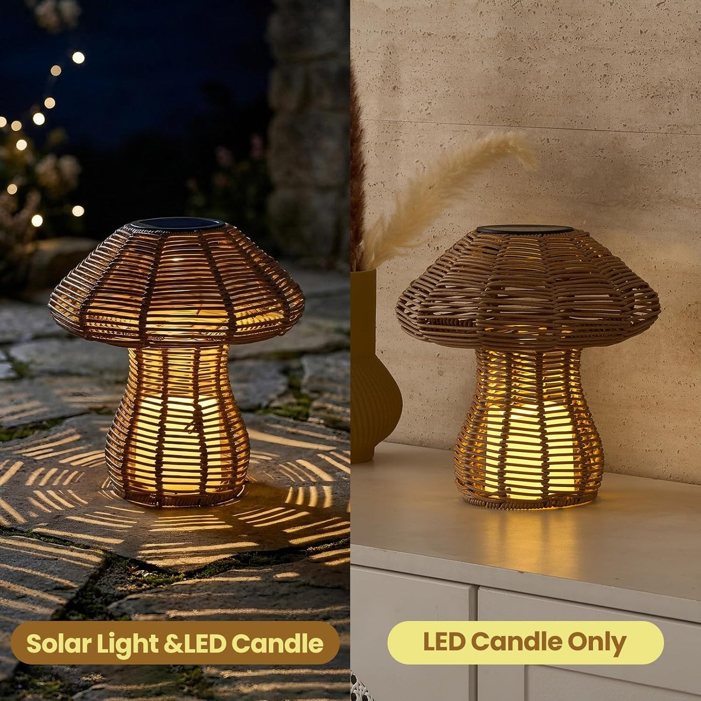 Portable Wireless Rattan Lamp for Indoor Outdoor, CE,RoHS Certified Solar Rechargeable & Replaceable Battery LED light, Handmade Small Table Light with Warm Candle Bulb for Patio Bedroom Restaurant