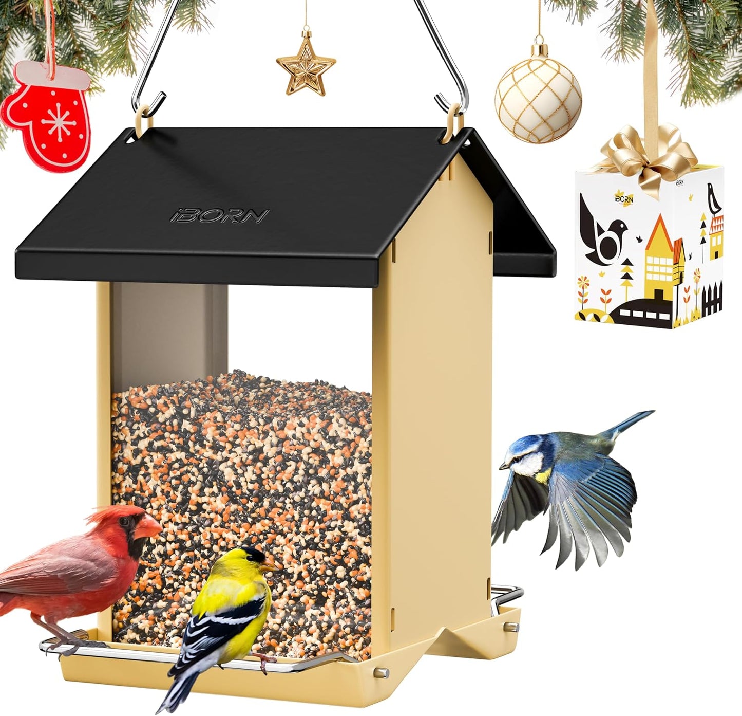 iBorn Bird Feeders for Outdoors,Bird Feeder with Weatherproof Metal Ro