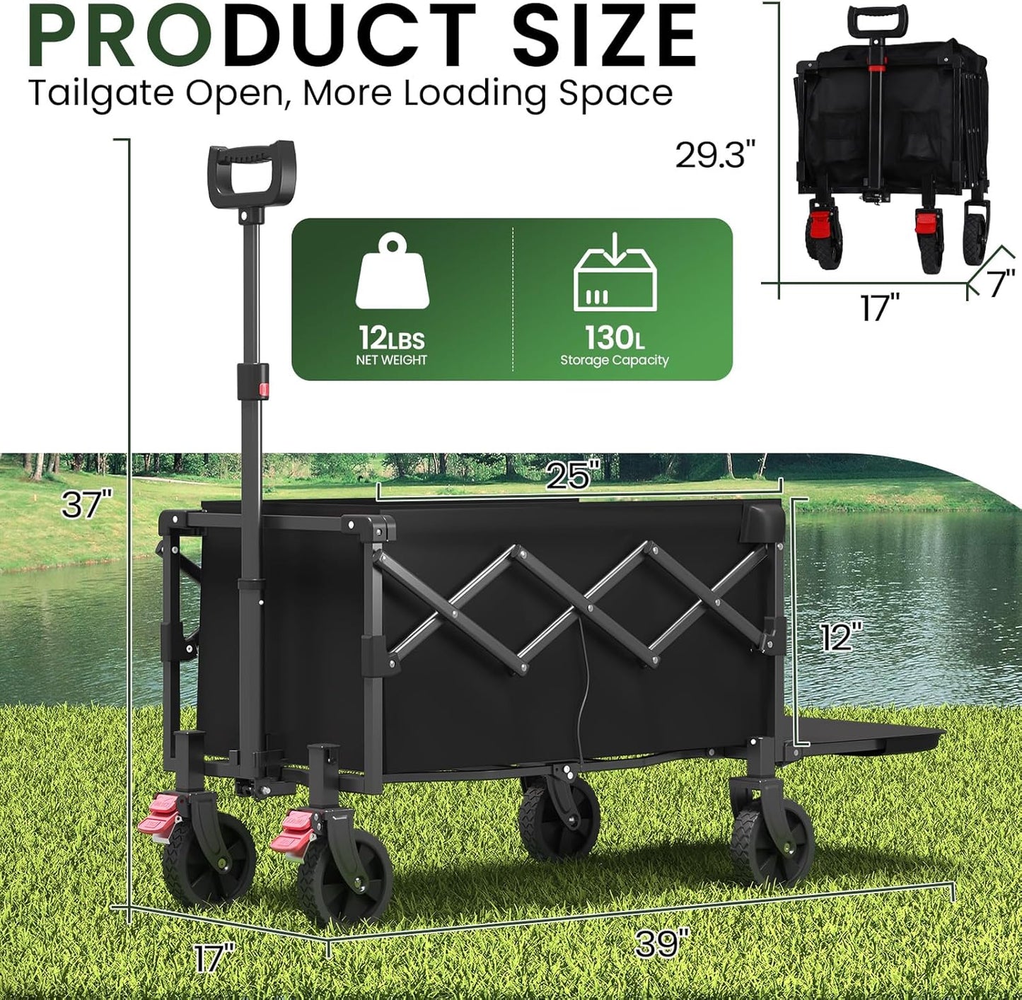 Collapsible Wagon, Foldable Wagons with Extended 40" L, Folding Wagon 