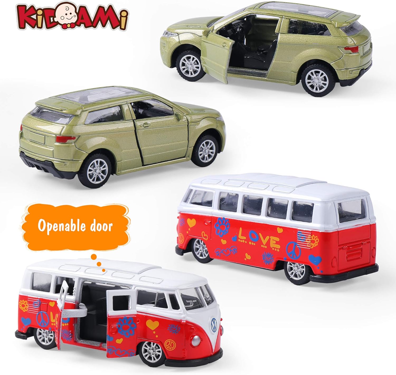 KIDAMI Die-cast Metal Toy Cars Set of 5, Openable Doors, Pull Back Car