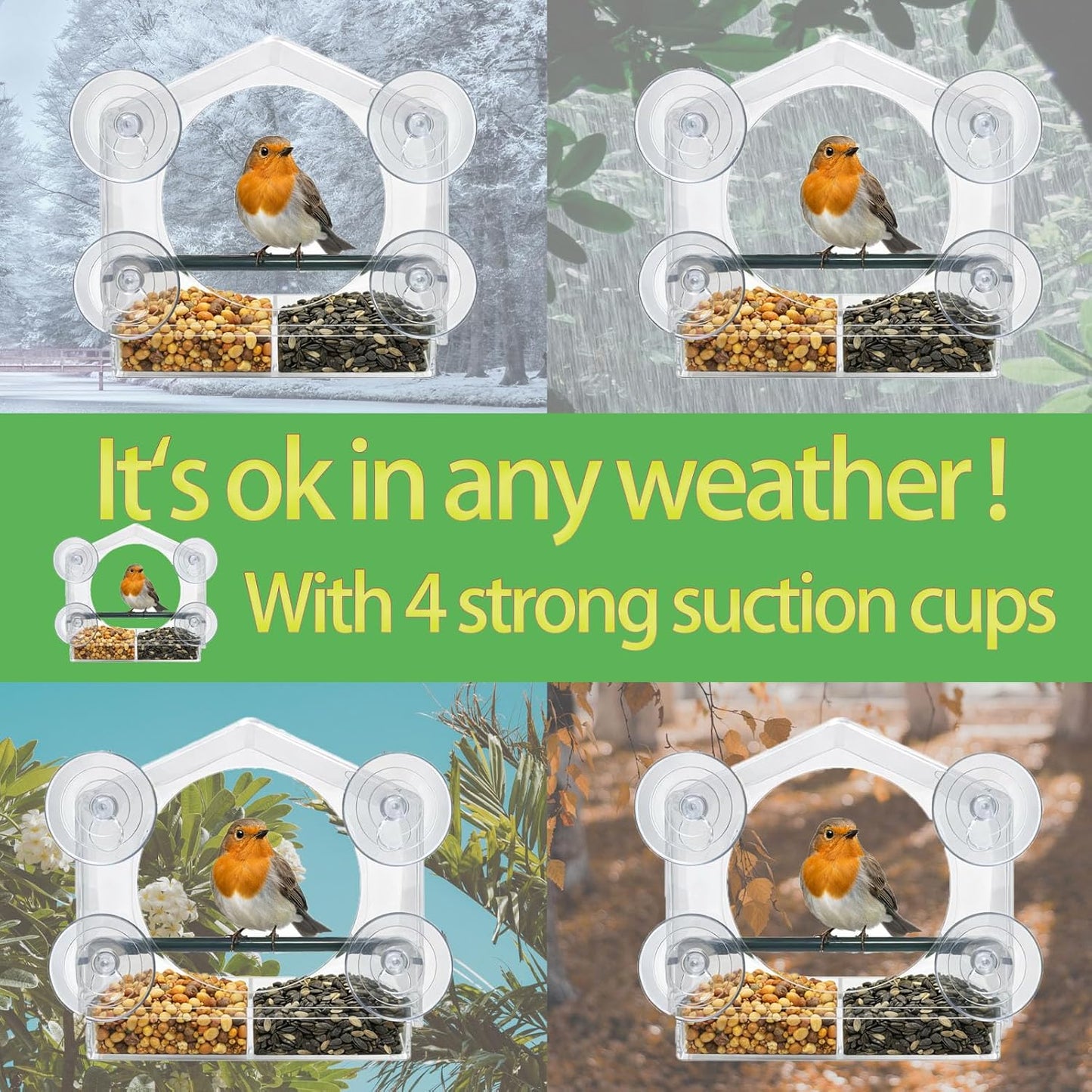 Window Bird Feeder with 4 Strong Suction Cups, Squirrel Proof Clear Bird Feeder for Outdoor Bird Watching