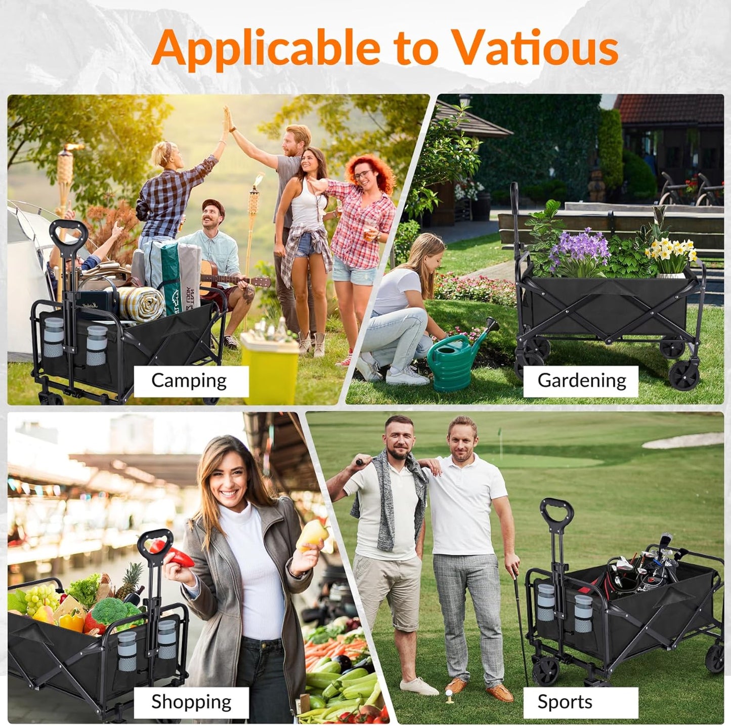 Collapsible Foldable Wagon Cart,Utility Beach Cart with Drink Holders Large Capacity Protable Grocery Wagon for Garden Shopping Outdoor Camping (Black, 250lbs)