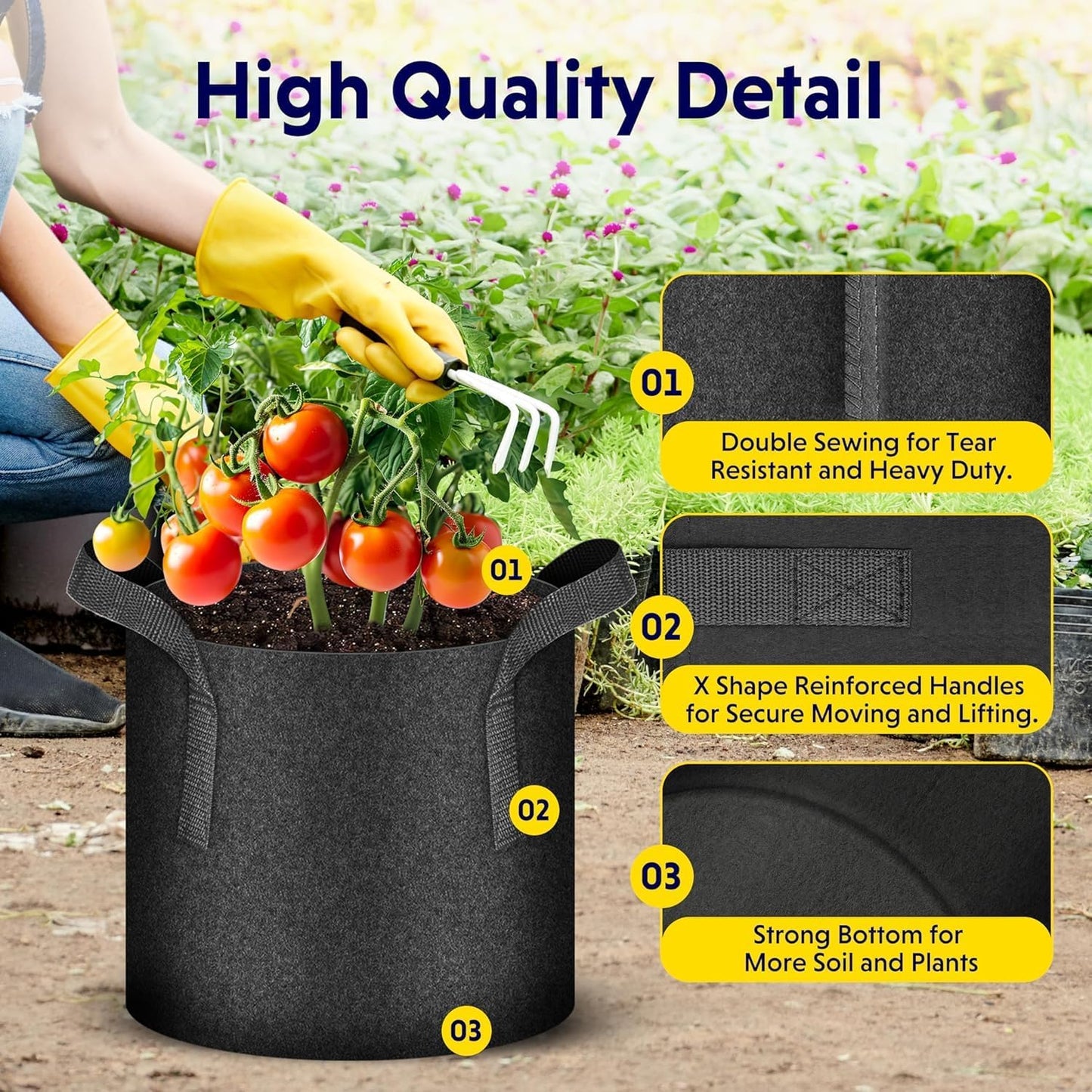iPower 3 Gallon 10 Pack Grow Bags Nonwoven Fabric Pots Aeration Container with Strap Handles for Garden and Planting, 10-Pack Black, 3 Gallon