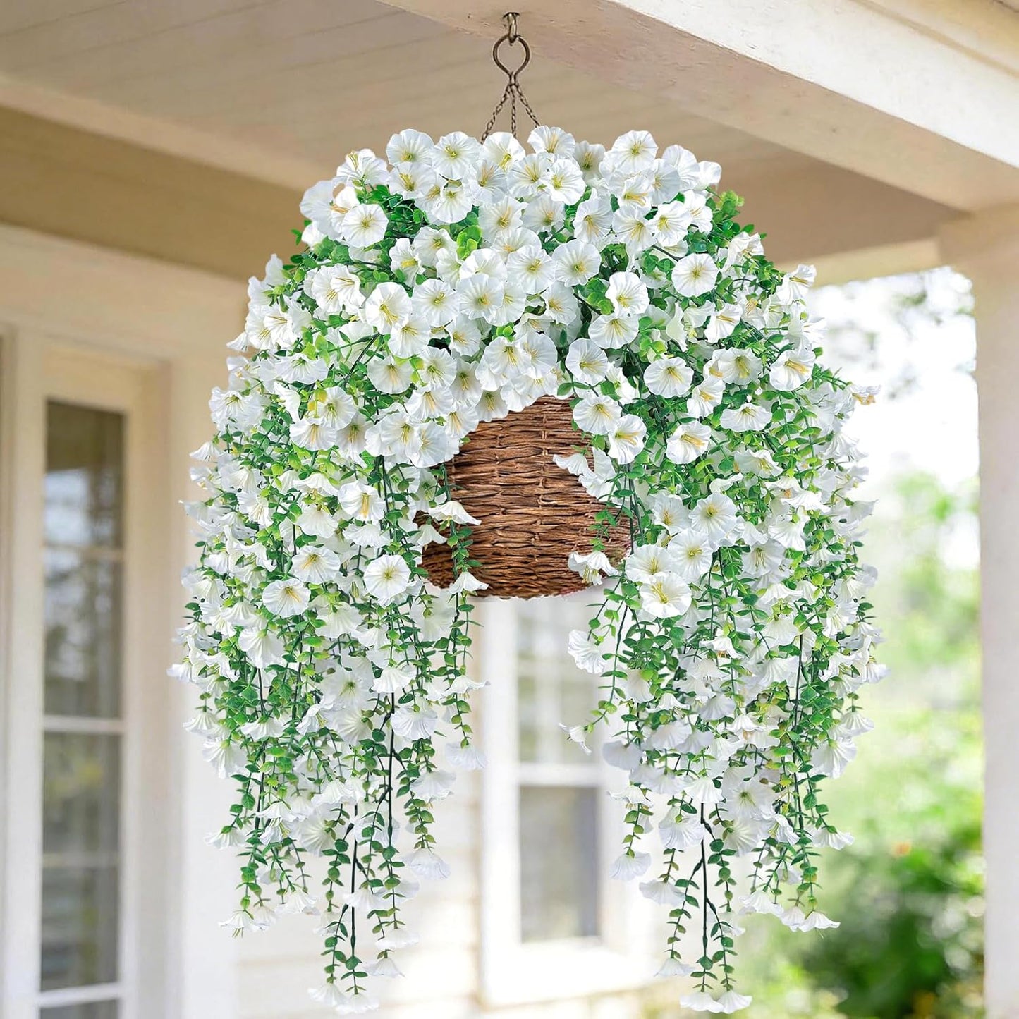 Artificial Hanging Flowers for Outdoors, 6Pcs UV Resistant Faux Silk Morning Glory Flowers, Artificial Fake Plants Trailing Vines for Porch Patio Balcony Yard Garden Farmhouse (White)