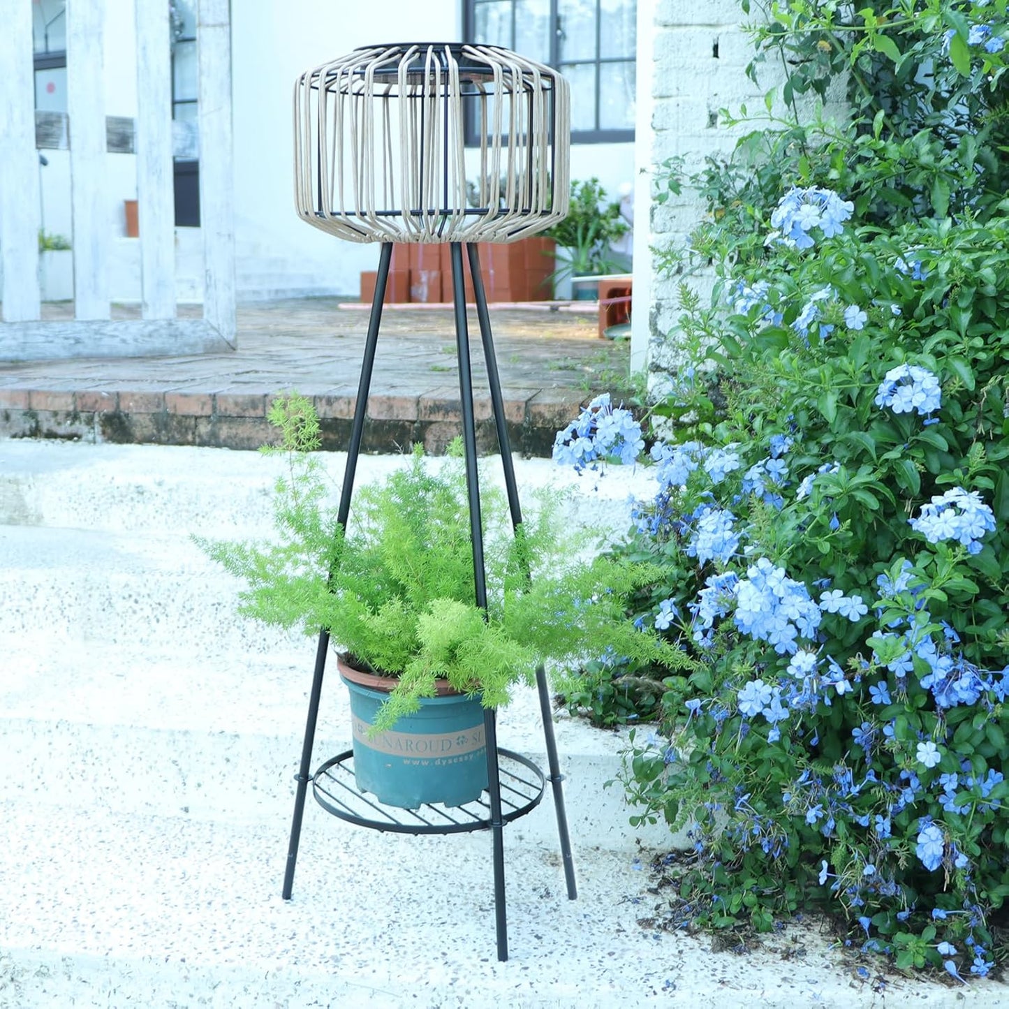 Outdoor Solar Rattan Floor Lamp with Plant Stands, Outdoor Patio Decor Plant Stand for Garden Porch Yard Pathway Driveway Porch