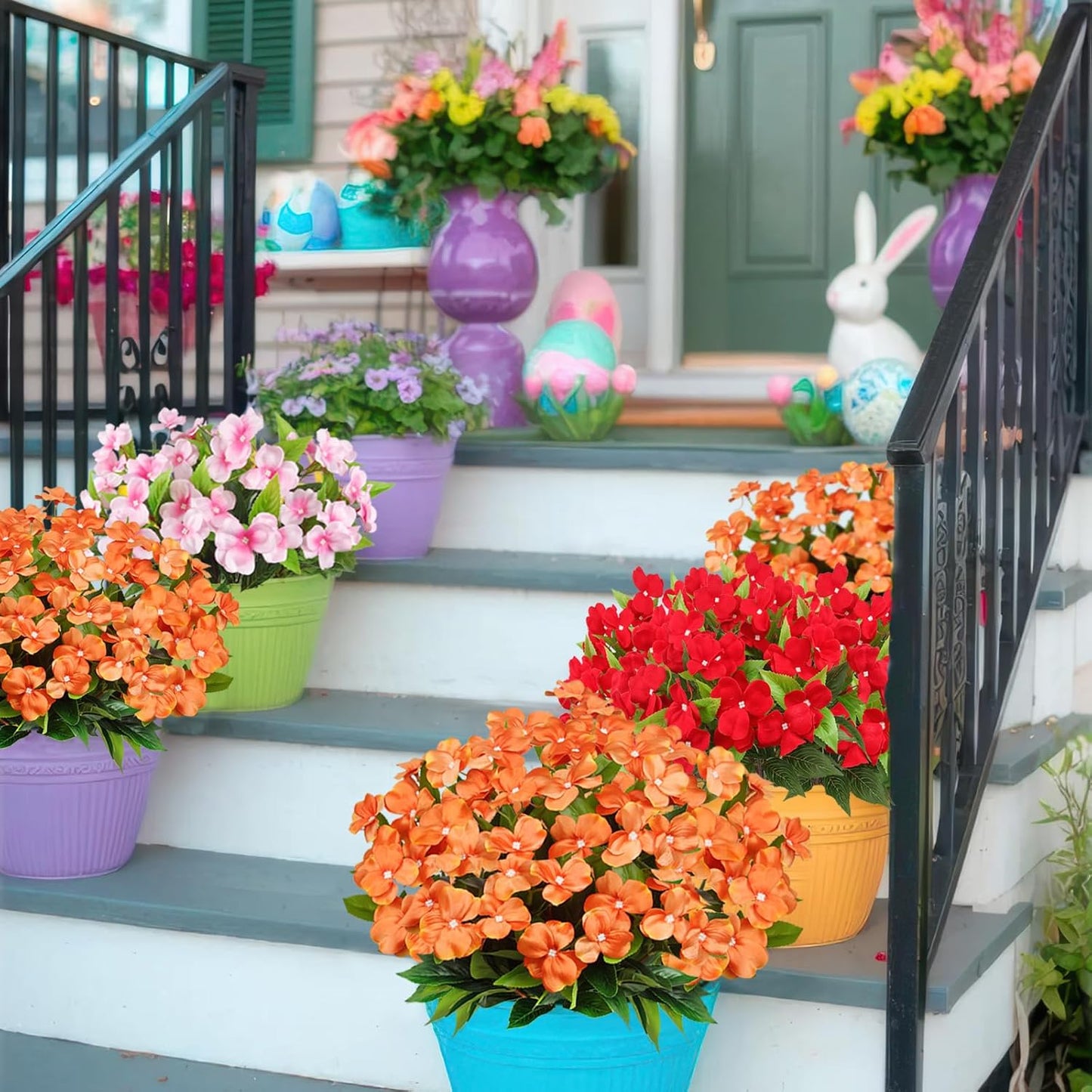2 Pcs Artificial Impatiens Flowers for Outdoors Silk Flowers Bushes Greenery Bouquet Orange Faux Impatiens for Outdoor Planters Patio Lawn Garden Pot Hanging Basket Porch Home Fall Decoration