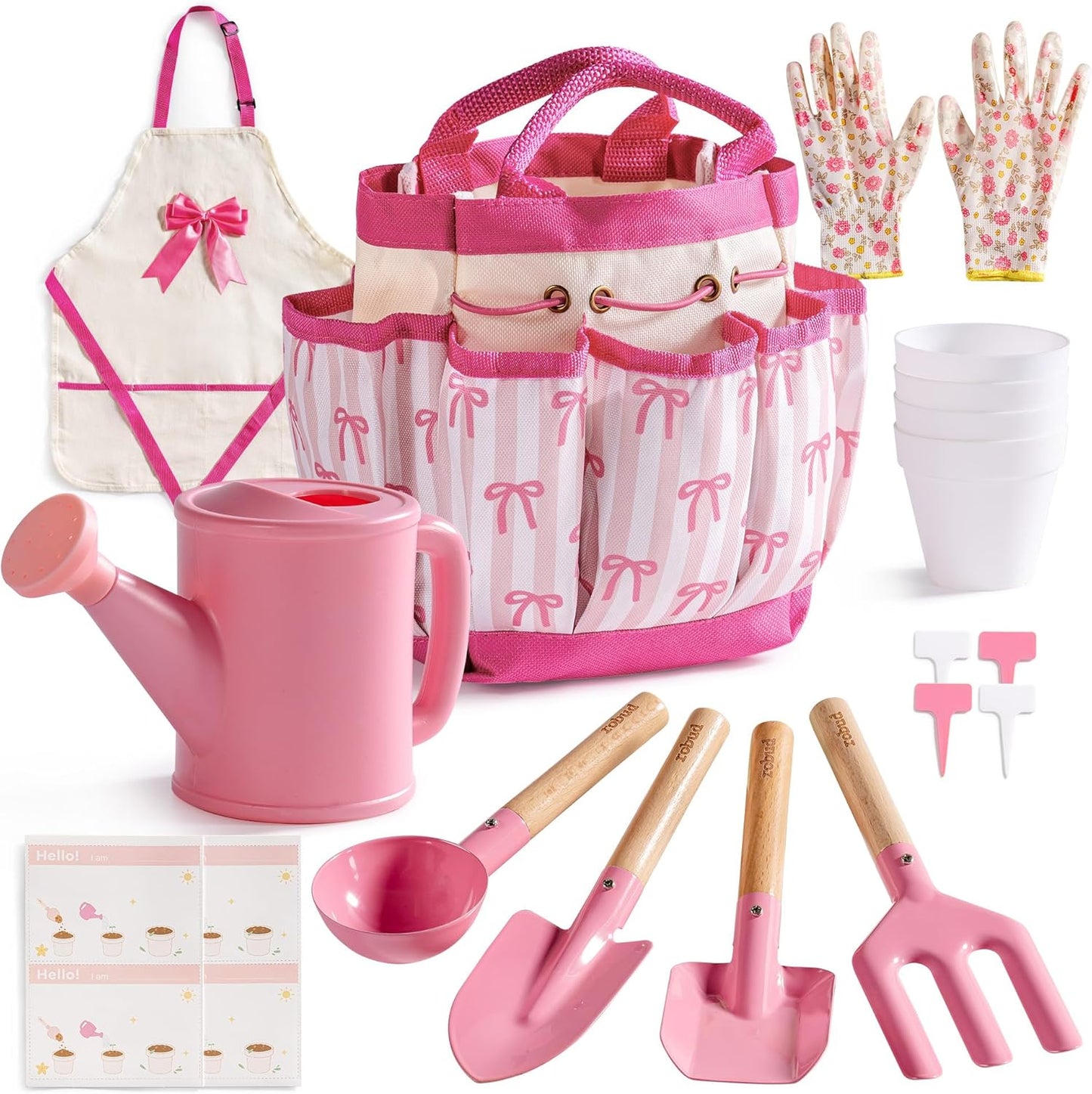ROBUD Kids Gardening Set 18 PCS Bow Theme Garden Tools for Kids with S