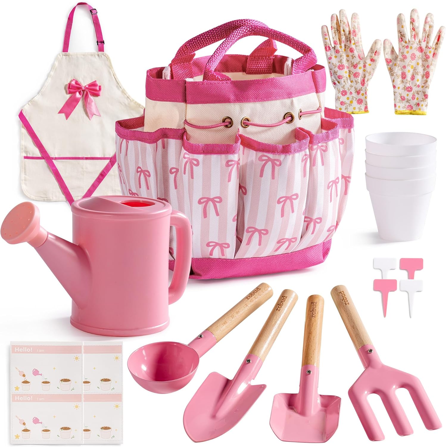ROBUD Kids Gardening Set 18 PCS Bow Theme Garden Tools for Kids with S