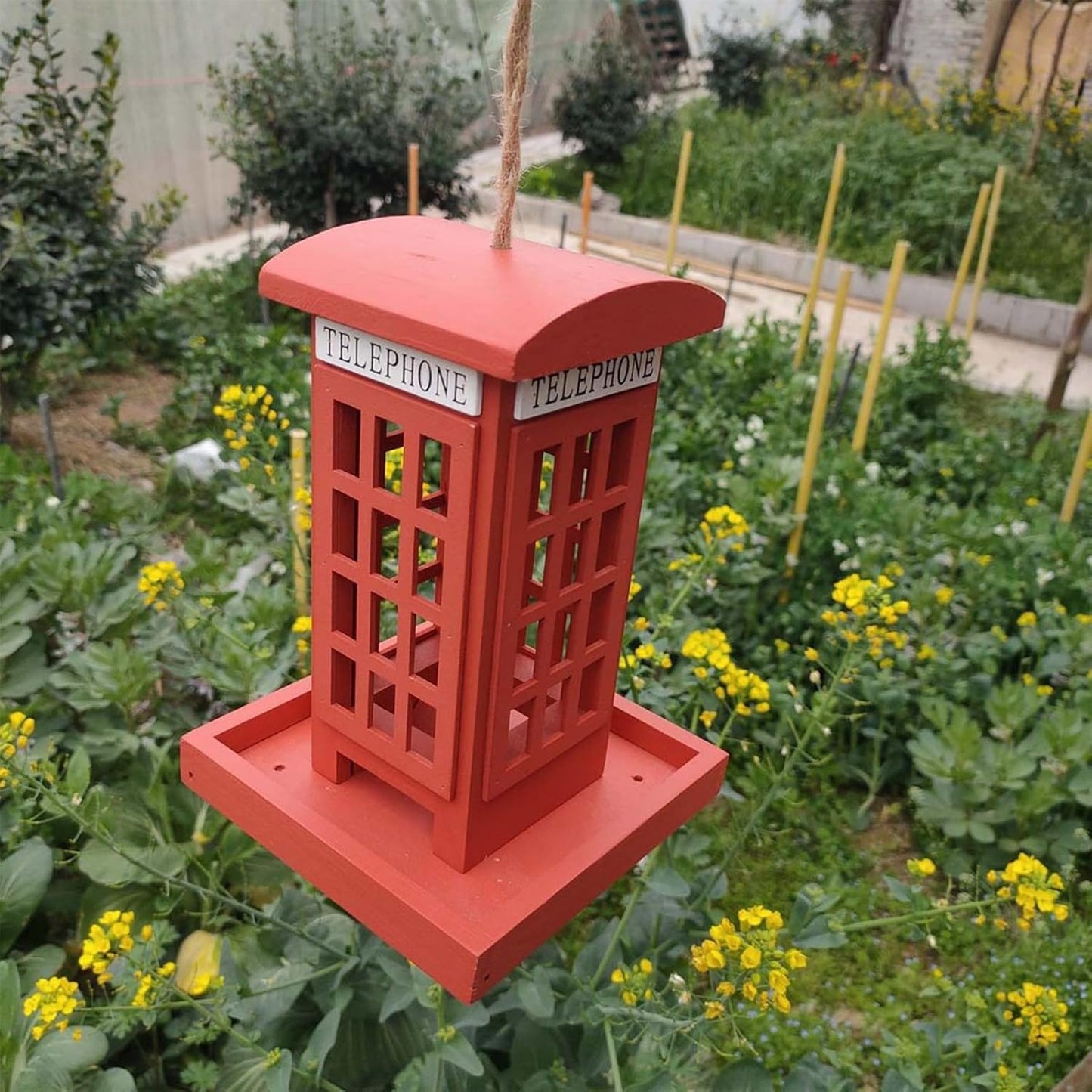 Bird Feeder - Red Telephone Booth Feeder, Spill Resistant Wooden Hanging Birdhouse with Roof Cover, Weatherproof Feeding Function, Ideal for Garden Backyard