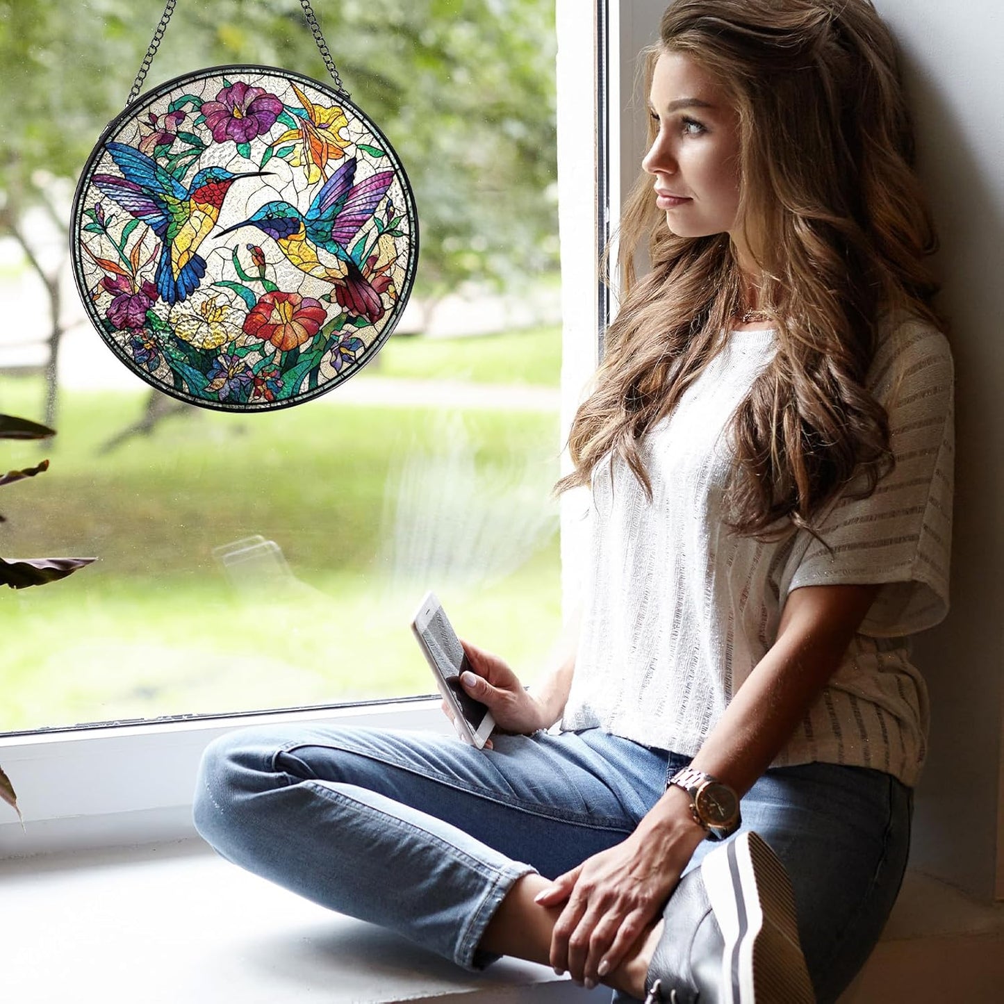 Hummingbird Stained Glass Window Hanging, 7.8″ Sun Catchers with Hook 