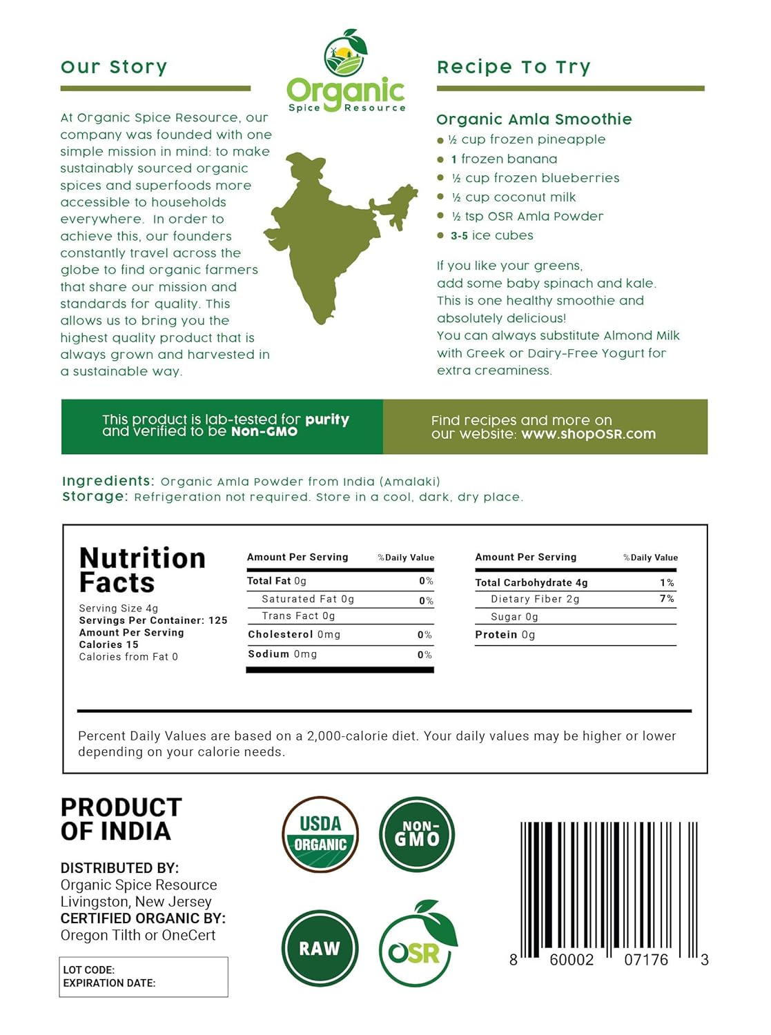 Organic Amla Powder - 1.1 lbs or 17.54oz | Amalaki, USDA Organics, Non