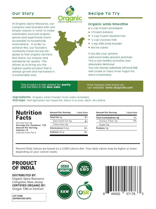 Organic Amla Powder - 1.1 lbs or 17.54oz | Amalaki, USDA Organics, Non-GMO, Kosher, Halal - 100% Raw and Natural, by SHOPOSR