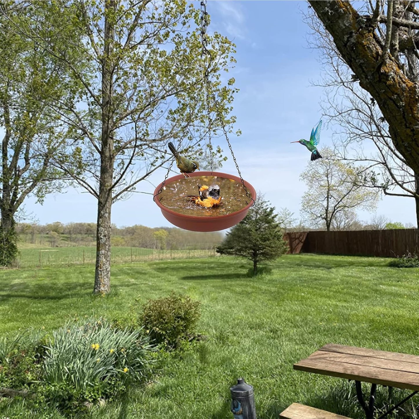Hanging Bird Bath Bird Feeder for Outdside, 12" in Diameter × 2.25" Deep Brick Red Bird Bath Tray,Made of PP Material with 15.7" Antirust Paint Black Chain for Garden Yard Decoration