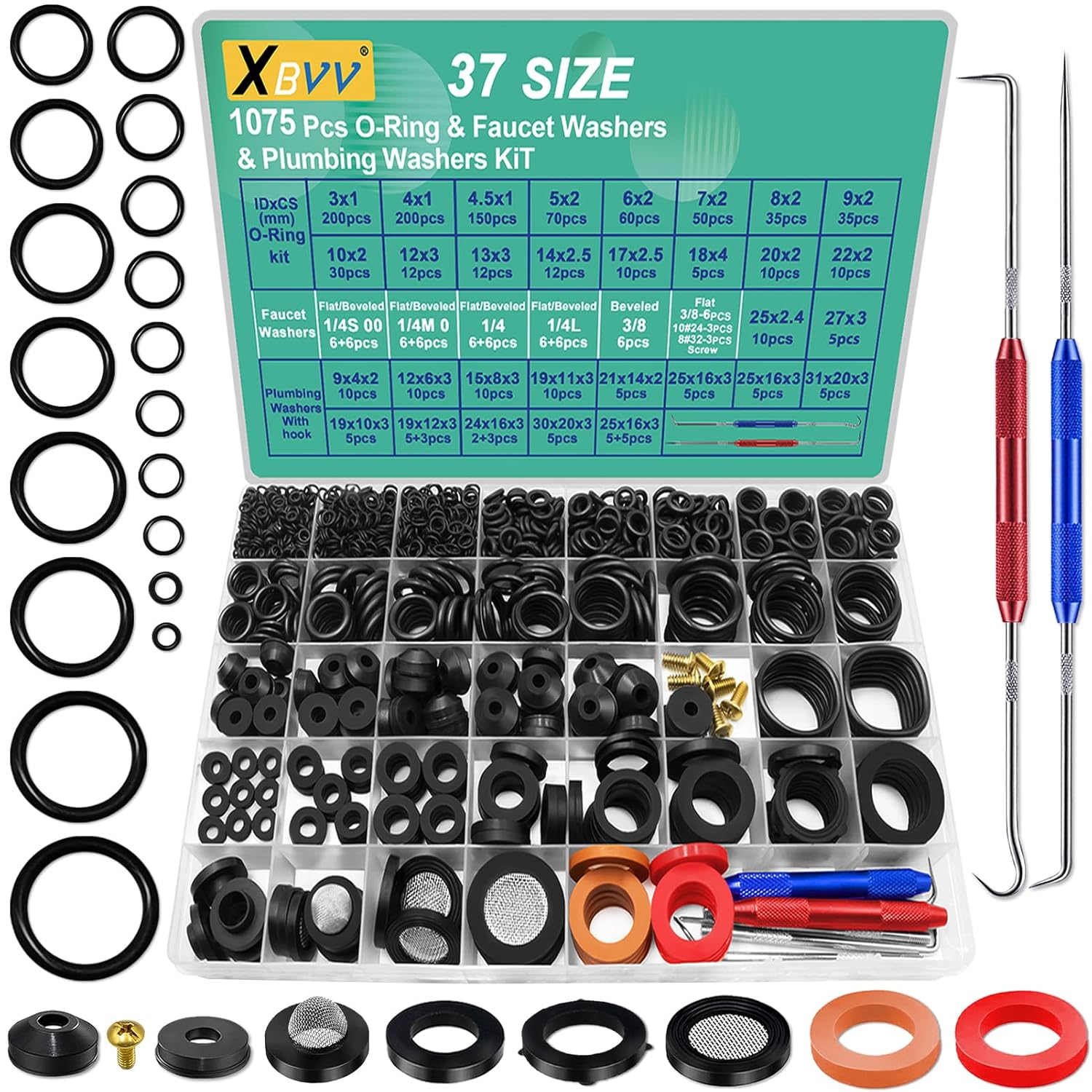 37 Size 1075 Pcs Faucet Washers & O-Rings Kit & Plumbing Gasket 3-in-1