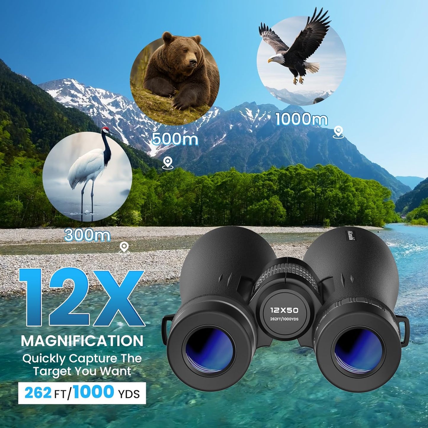 12X50 Professional Binoculars for Adults, High Power Binoculars with Phone Adapter/BAK4 Prism/FMC ED Lens/Low Light Night Vision/IP67 Waterproof for Bird Watching, Hunting, Outdoor, Hiking, Concerts