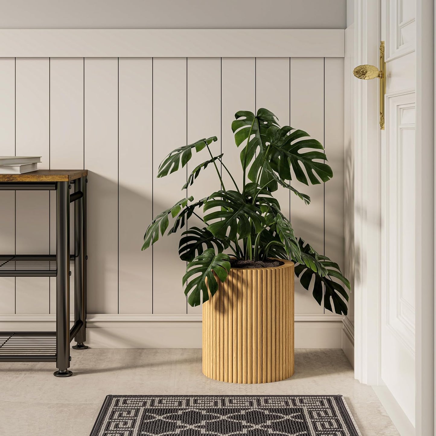 SHYFOY Fluted Wooden Round Indoor Outdoor Planters, Cylinder Decorativ