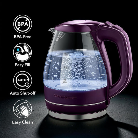 OVENTE Electric Kettle, 1.5L Borosilicate Glass Countertop Water Heater and Boiler for Coffee or Tea, BPA-Free, Auto Shut-Off, Boil-Dry Protection, Removable and Washable Spout Filter, Purple KG83P
