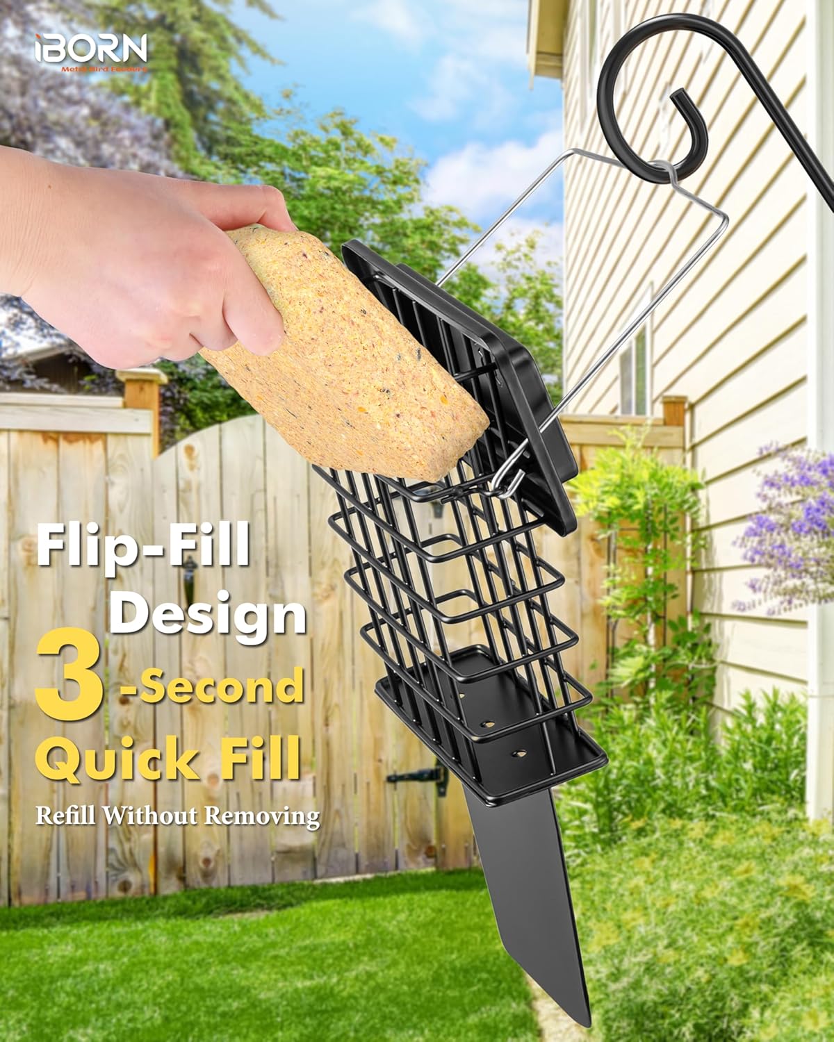 iBorn Metal Suet Feeder with Tail Prop | Durable Suet Cake Cage Bird Feeder for Outdoors，Woodpecker Feeder for Outside Hanging，Heavy-Duty Suet Holder,Easy Clean & Refill,1 Pack,Black