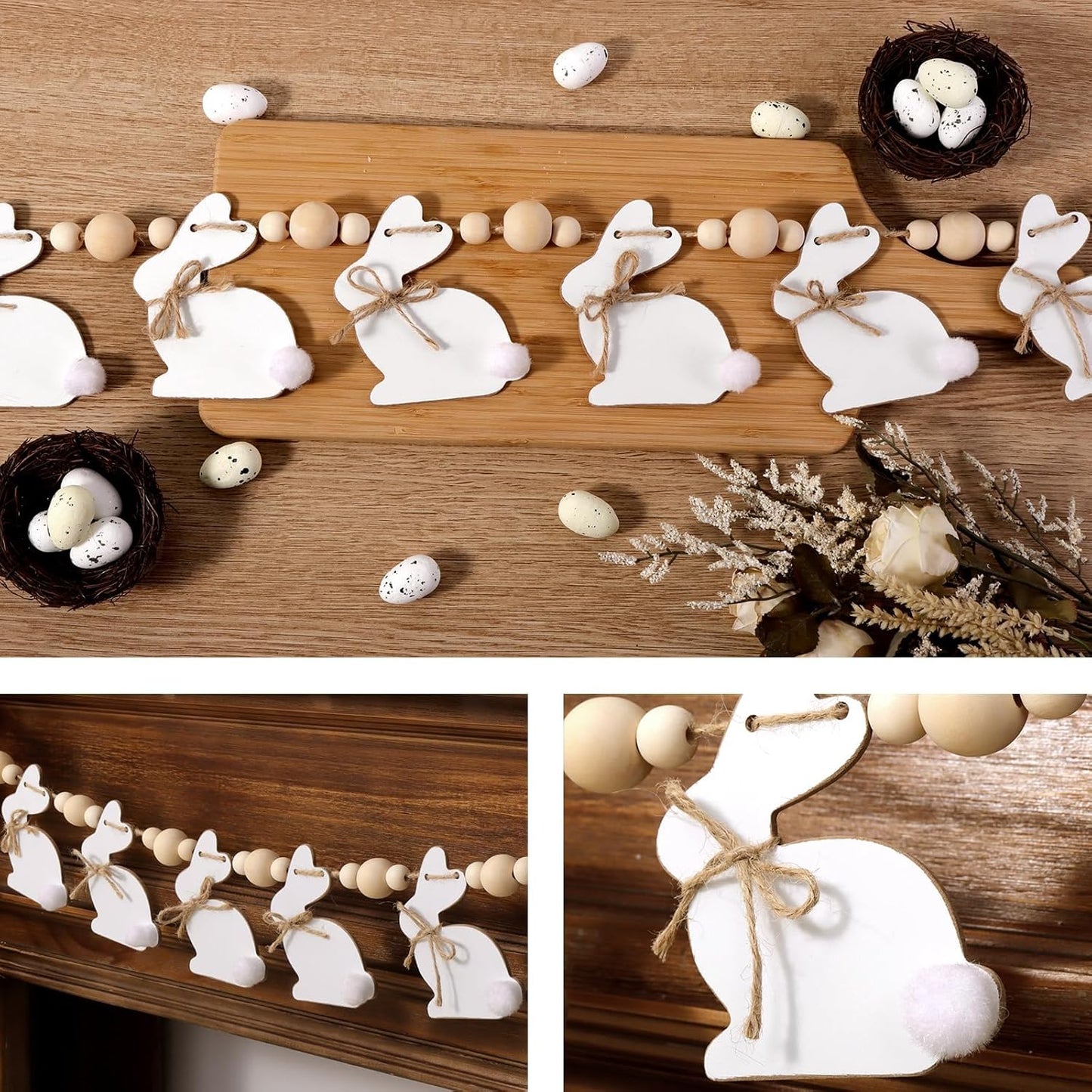 Easter Decorations Garlands, Cute Bunny Easter Garland with Wooden Beads, Rustic Banner for Mantel, Fireplace, Wall, Home, Farmhouse, Office, School Indoor Spring Decor Supplies