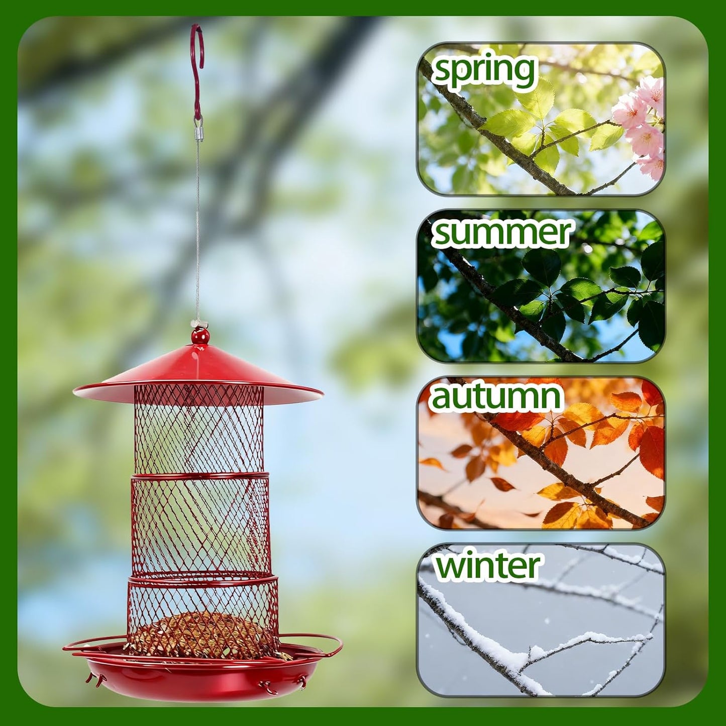 Three-Tier Metal Hanging Bird Feeder Durable and Sturdy, red Finish Large Capacity with Perch Mesh Design Features Drainage Holes (Red)