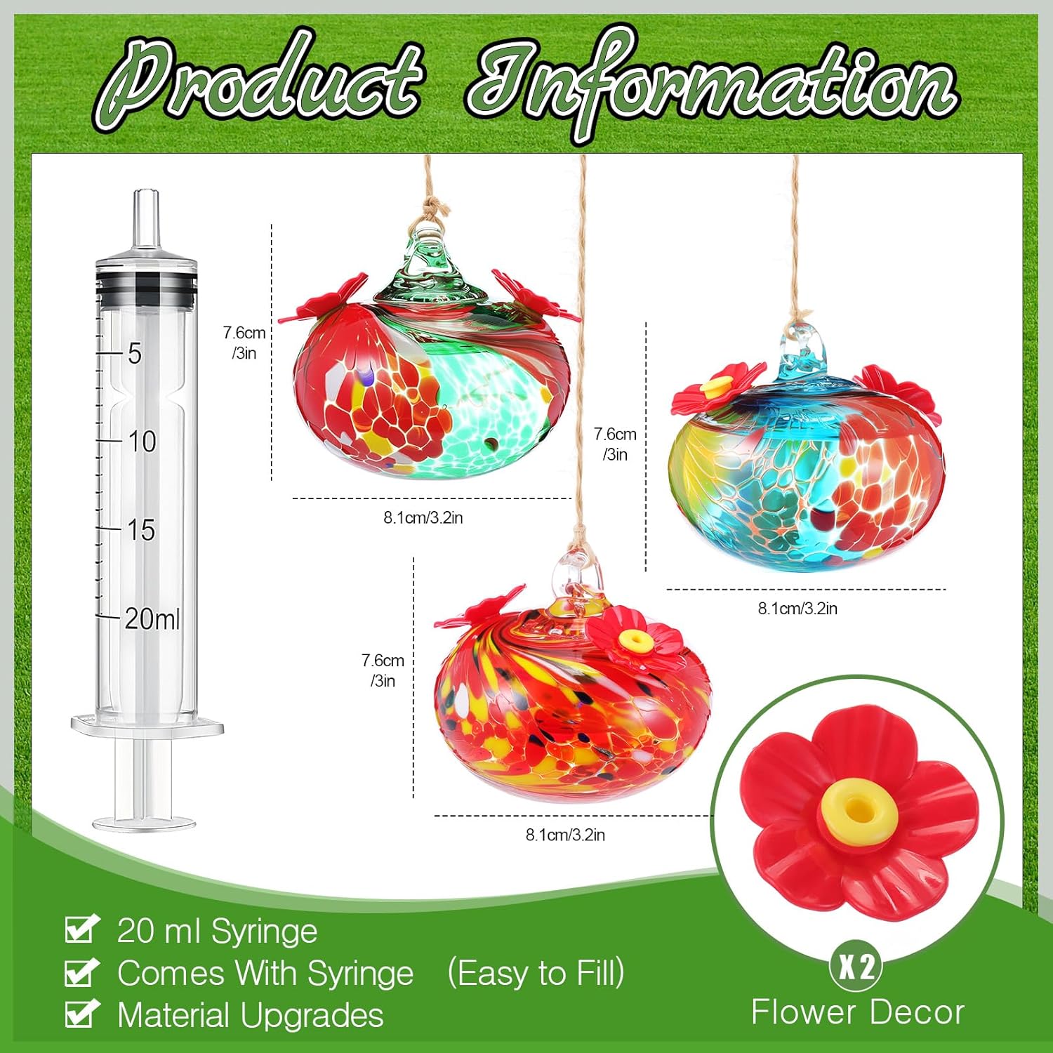 Tioncy 3 Pcs Hand Blown Glass Hummingbird Feeders for Outdoors Small G