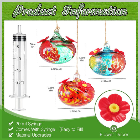 Tioncy 3 Pcs Hand Blown Glass Hummingbird Feeders for Outdoors Small G
