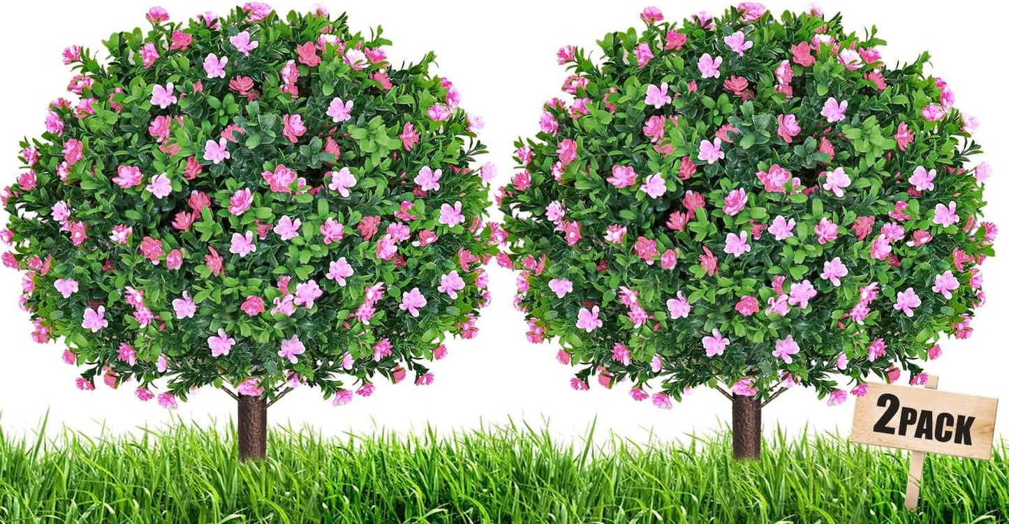 Set of 2 Artificial Boxwood Topiary Ball Trees with Pink Flowers Fake Bushes Plants Outdoor Boxwood Ball with Ground Spike 25.5 Inch UV Resistant Faux Greenery Shrubs for Porch Garden Decor