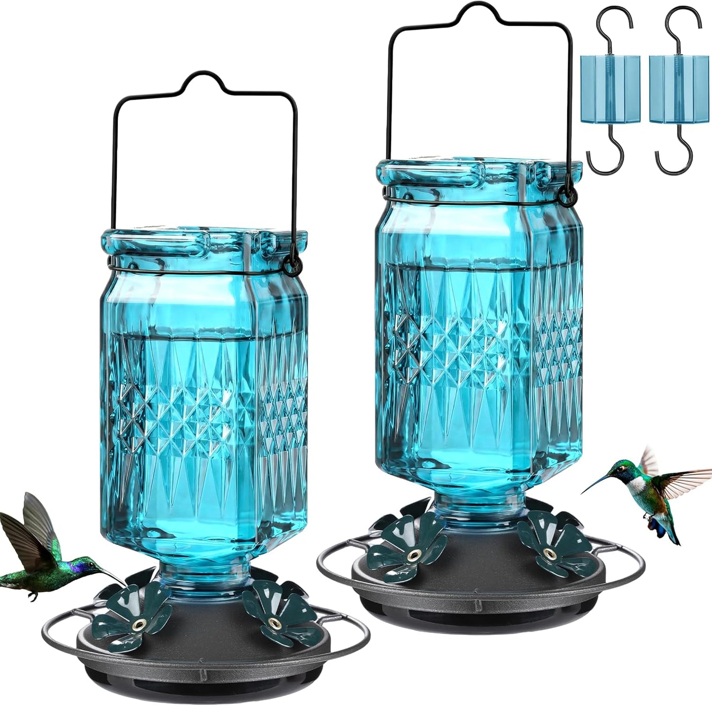 20oz Glass Hummingbird Feeder for Outdoors Hanging, Bird Nectar Feeder with 4 Bee Guard Flower-Shaped Feeding Ports & Built-in Ant Moat, for Bird Lover, Blue (2 Pack)