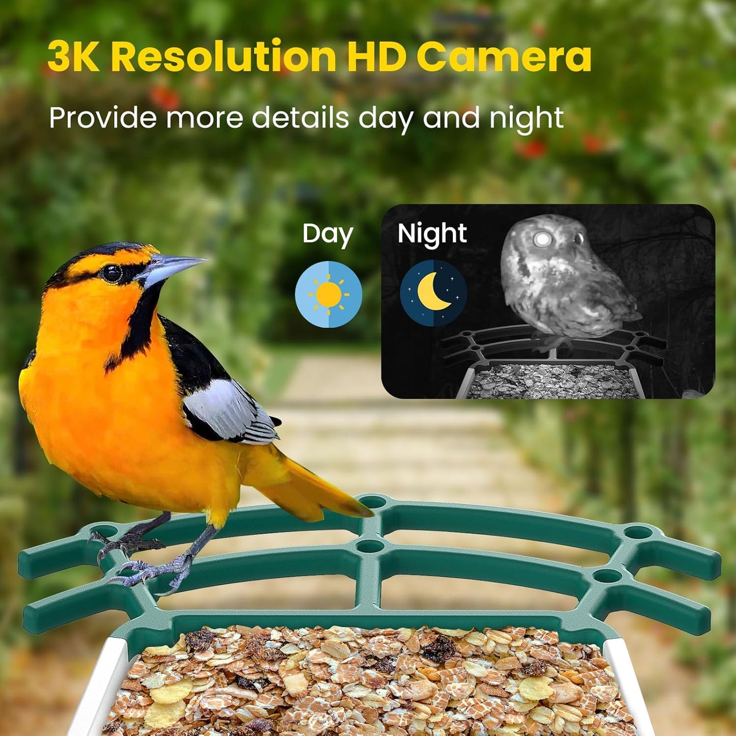 Bird Feeder with Camera,Ai Recognition 10000+ Species,3K Video with Noise Reduction,Solar Powered Bird House for Outdoors Bird Watching