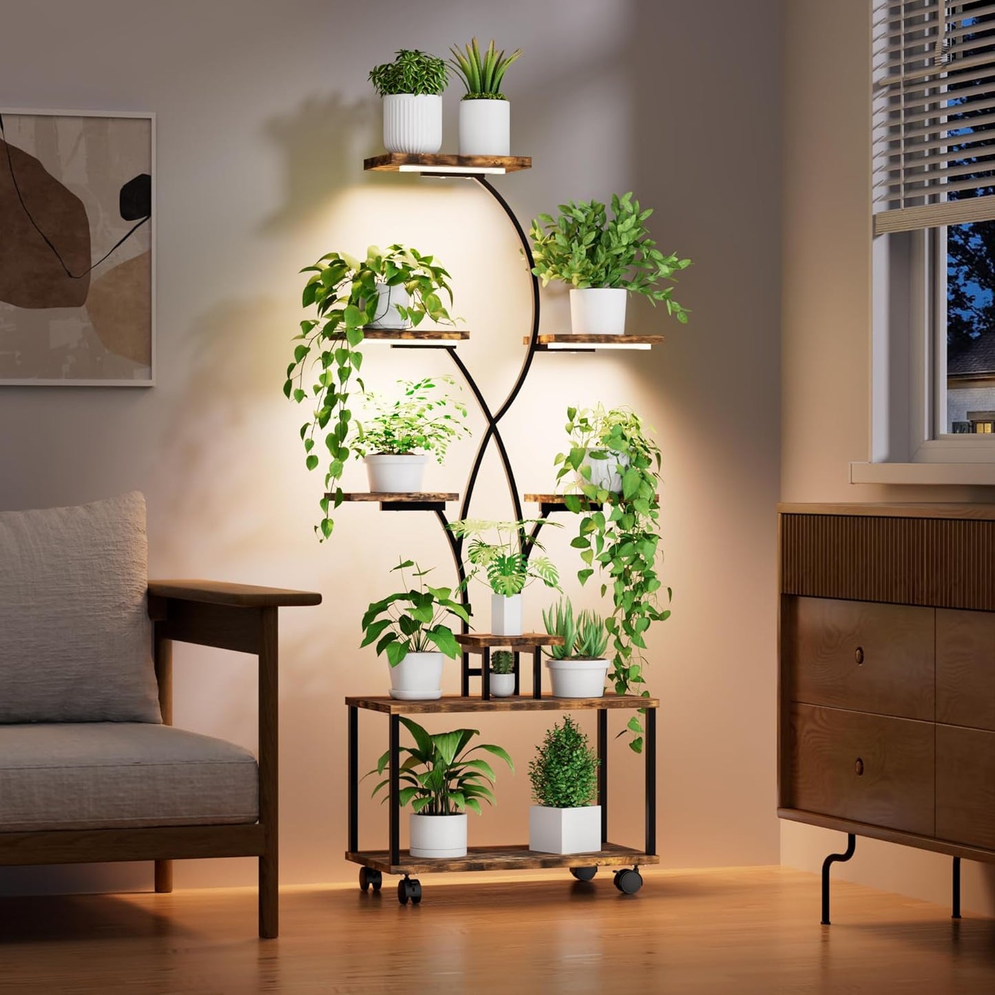 Plant Stand Indoor with Grow Lights, 8 Tiered Metal Plant Shelf with Wheels, 58" Tall Corner Plant Stand Flower Display Rack Holder for Living Room, Patio