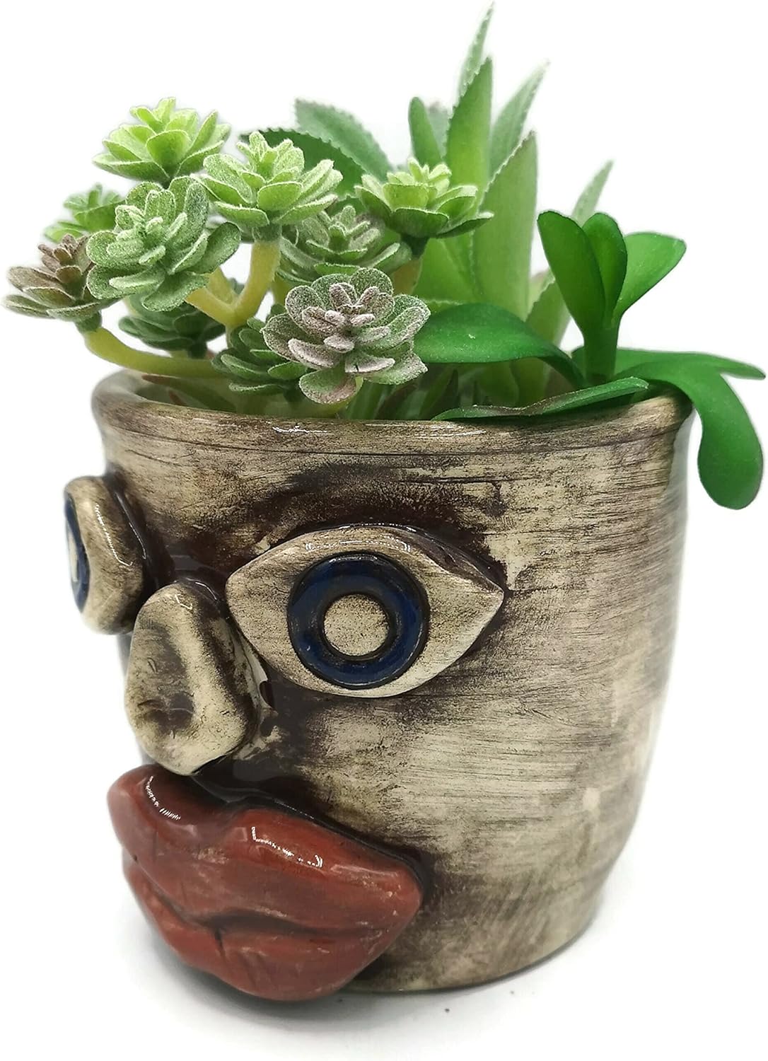 Sculptural Ceramic Planter Pot with Face, Ethnic Office Desk Accessories for Men