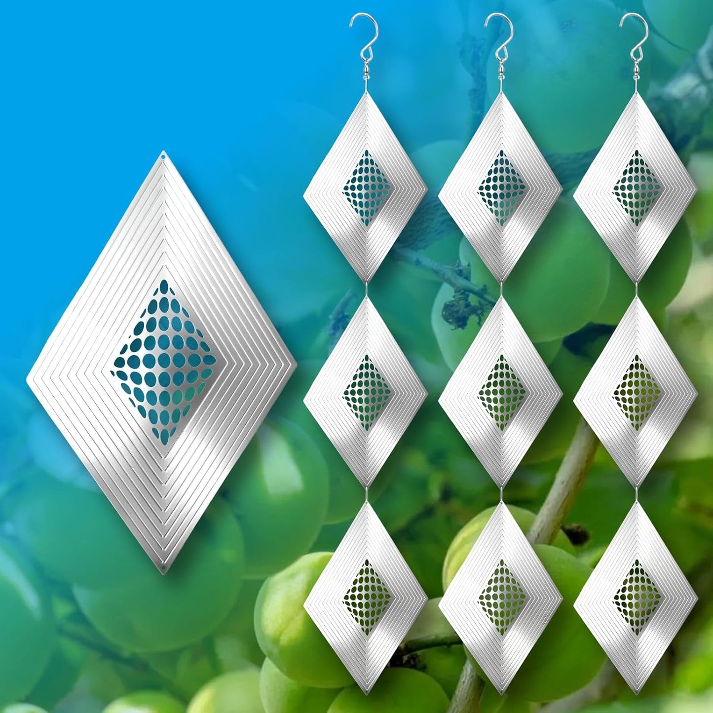 Shiny Metal Bird Reflectors Wind Spinners 360° Wind-Spinning Quiet Reflective Bird Deterrent Decor for Small Yard Orchard Bird-Prone Areas (Diamond-Shaped/Silver / 9 Pcs / 3 Set)