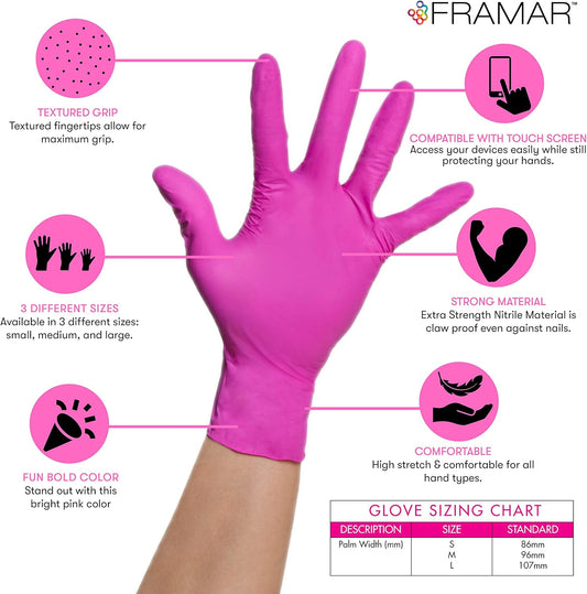 FRAMAR Pink Gloves Disposable Latex Free – Pink Nitrile Gloves Medium, Latex Free Glove Medium, Guantes De Nitrilo, For Hair Dye, Salon, Cleaning, Tattoo, Food Prep, Powder Free – 100 Pack