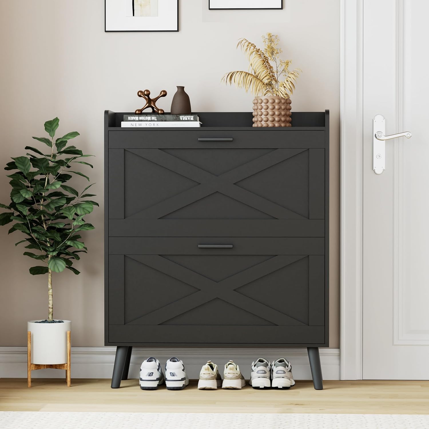 32" W Farmhouse Shoe Storage Cabinet with 2 Flip Drawers and Barn Door