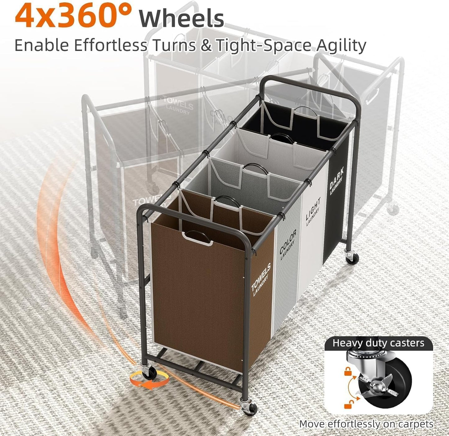 ROMOON Laundry Hamper Sorter Cart: 4-Section Organizer with Heavy-Duty Lockable Wheels and Removable Bags | 172L Rolling Laundry Basket for Dirty Clothes in Laundry Room or Small Spaces (Multicolor)