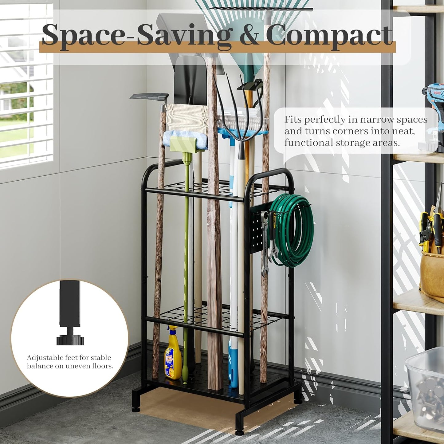 Garden Tool Organizer, Garage Tool Storage Rack, Heavy Duty Metal with Side Pegboard & Adjustable Hooks, Utility Racks for Shed, Patio & Outdoor Use