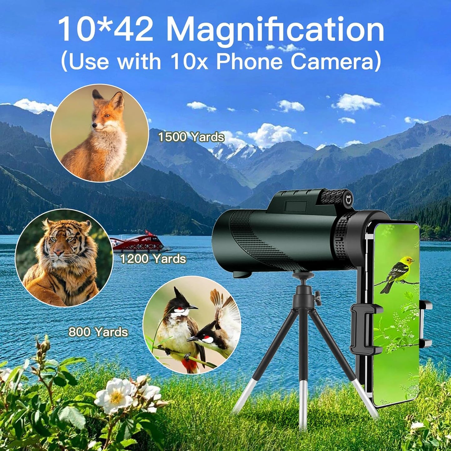 10X42 HD Monocular for Adults, Military Grade Compact Monocular Telescope with BAK-4 Prism & FMC Lens & Smartphone Holder & Tripod, Stargazing Hunting Bird Watching, Camping Hiking Travel Accessories