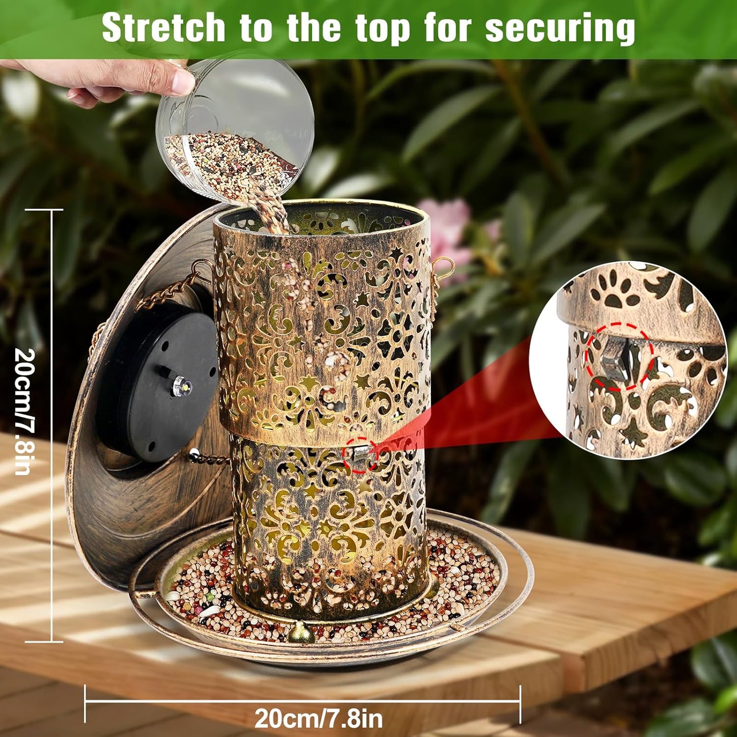 Metal Bird Feeder for Outdoor Hanging, Large Capacity Solar Wild Bird Feeder with Drainage Holes,Landing Ring, Solar Lanterns for Garden Decoration, Unique Bird Watching Gift for Outside