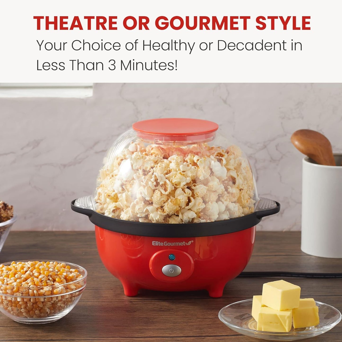 Elite Gourmet EPM330R Automatic Stirring 12-cup Popcorn Maker Popper, Hot Oil Popcorn Machine w/Measuring Cap & Built-in Reversible Serving Bowl, Great for Home Party Kids, Safety ETL Approved, Red