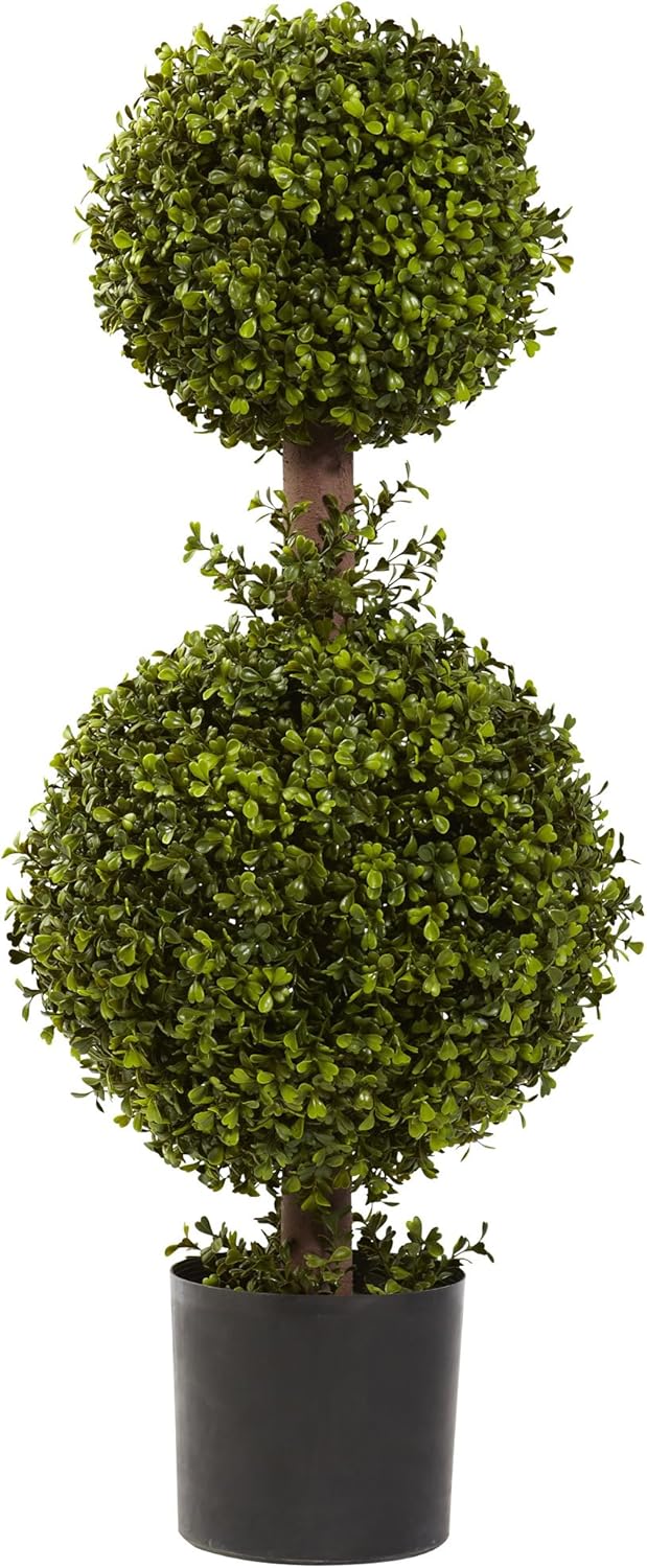 Nearly Natural 35IN Artificial Double Boxwood Topiary Ball Tree, Fake Topiary Plant for Indoor Home Décor in Black Nursery Planter