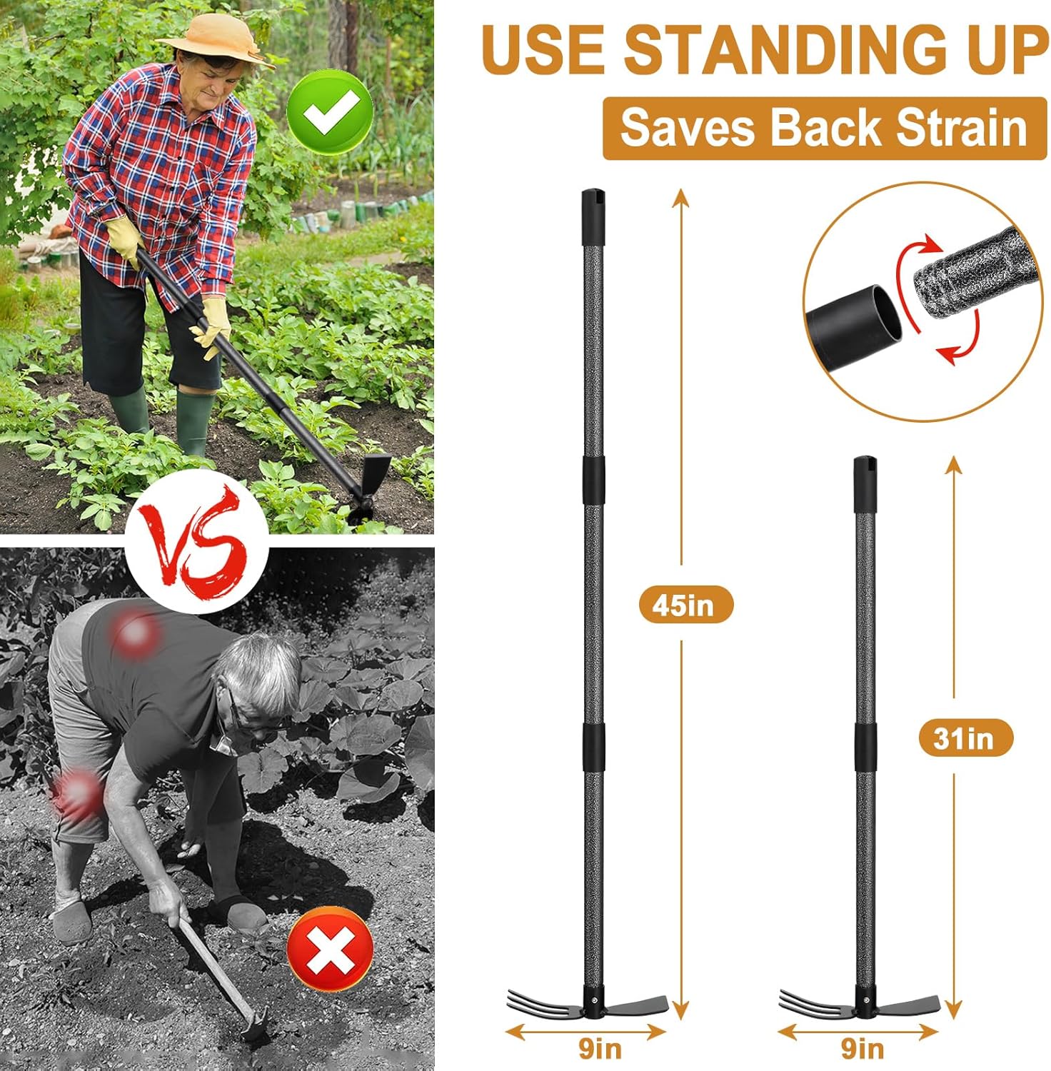 Garden Hoe Tool, 2-in-1 Heavy Duty Dual-Head Weeding Tool, 45" Adjusta