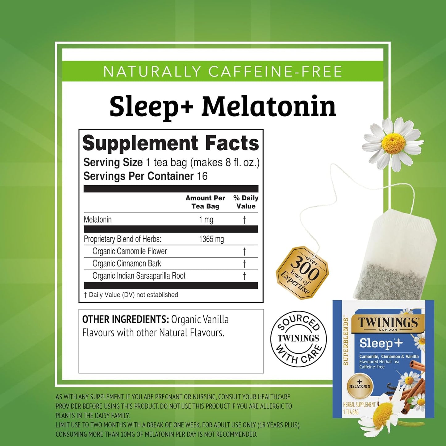 Twinings Superblends Sleep+ Herbal Tea with 1mg Melatonin Camomile, Cinnamon & Vanilla, Naturally Caffeine-Free, 16 Tea Bags (Pack of 1), Enjoy Hot or Iced