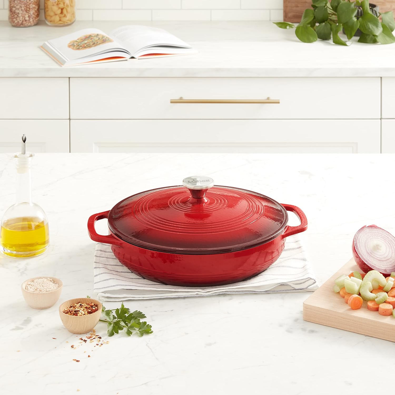Lodge 3.6 Quart Enameled Cast Iron Oval Casserole With Lid– Dual Handl