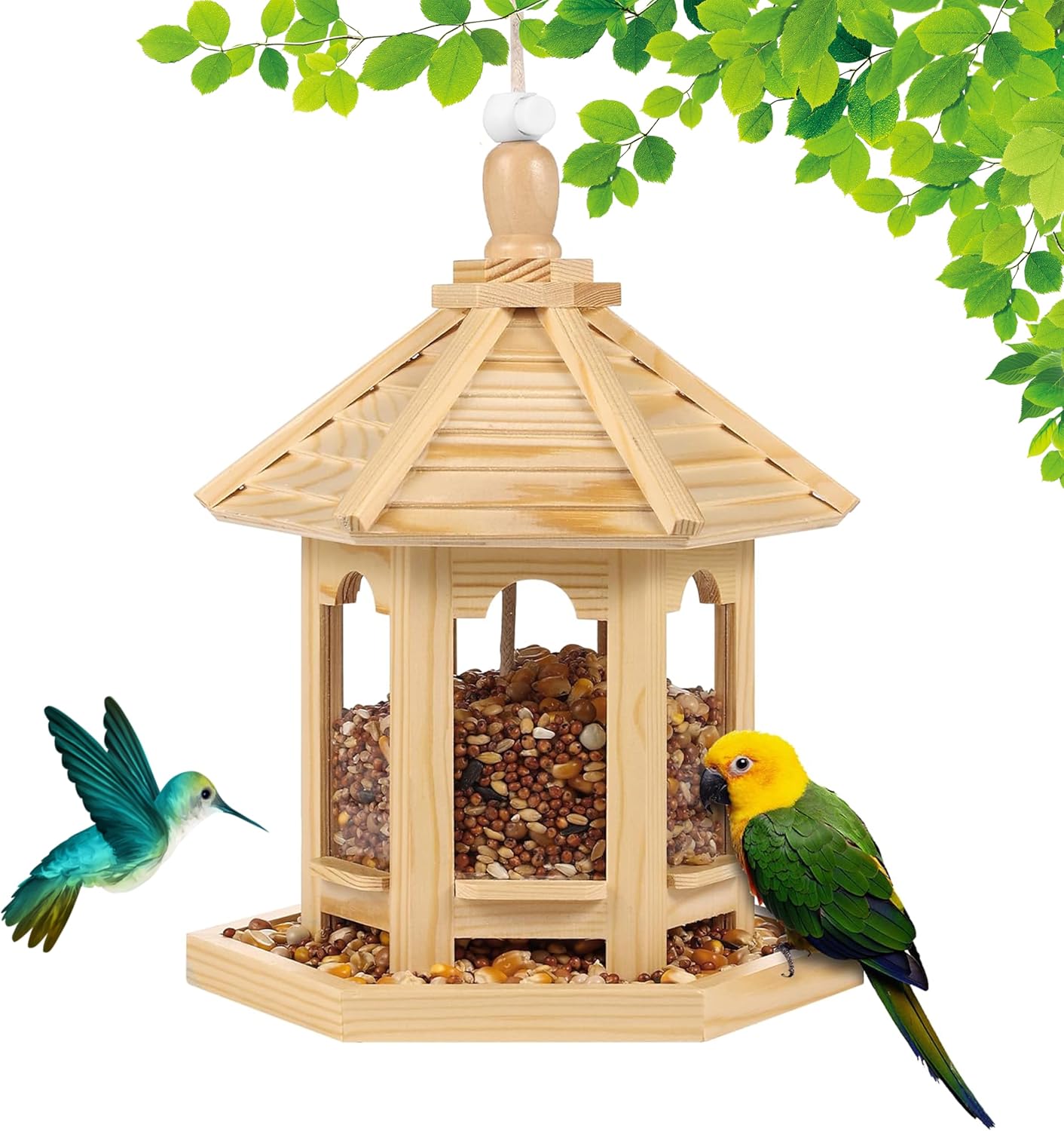 Wooden Bird Feeder for Outside Garden,Hanging Bird Feeders Wood Hexagon Shaped Gazebo Large Capacity for Cardinal Sparrow Finch