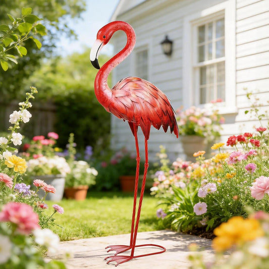 Shorayn Pink Flamingo Garden Statue Outdoor Decor Metal Yard Art Lawn 