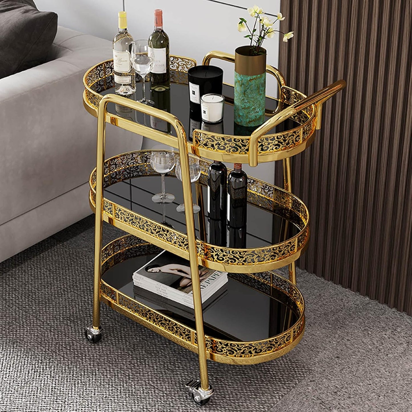 Retro Wrought Iron Kitchen Service Trolley, Household Wine Trolley and Tea Trolley, Wheeled Beauty Salon Trolley (White 3 Layers) (Golden 3 layers)