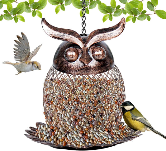 Bird Feeders for Outdoors, Metal Hanging Wild Birdfeeder with Hook for Outside Garden Yard Decor, Owl Shaped Mesh Bird Seed Feeder for Bluebird Cardinal Finch Sparrow Blue Jay