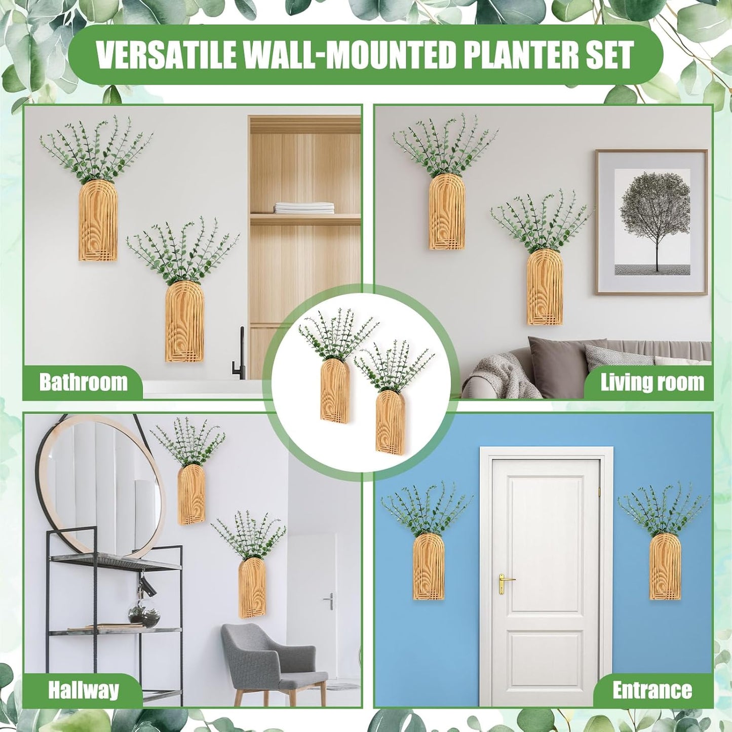 2 Pack 15" Wooden Wall Vase with 20 Pcs Artificial Eucalyptus Leaves Stems Planter, Boho Modern Farmhouse Bathroom Hanging Planter for Wedding, Hallway, Bedroom, Living Room